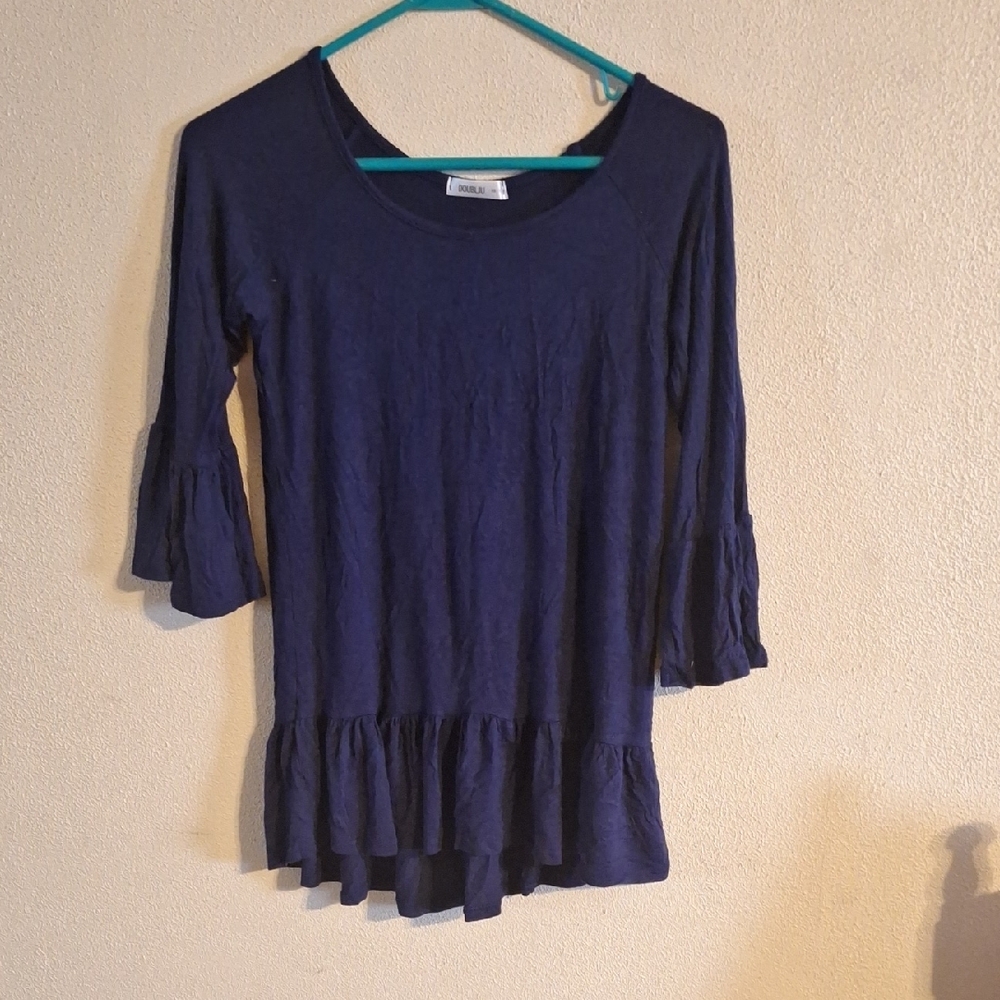 Doublju Blue Ruffled Bell Sleeve Blouse